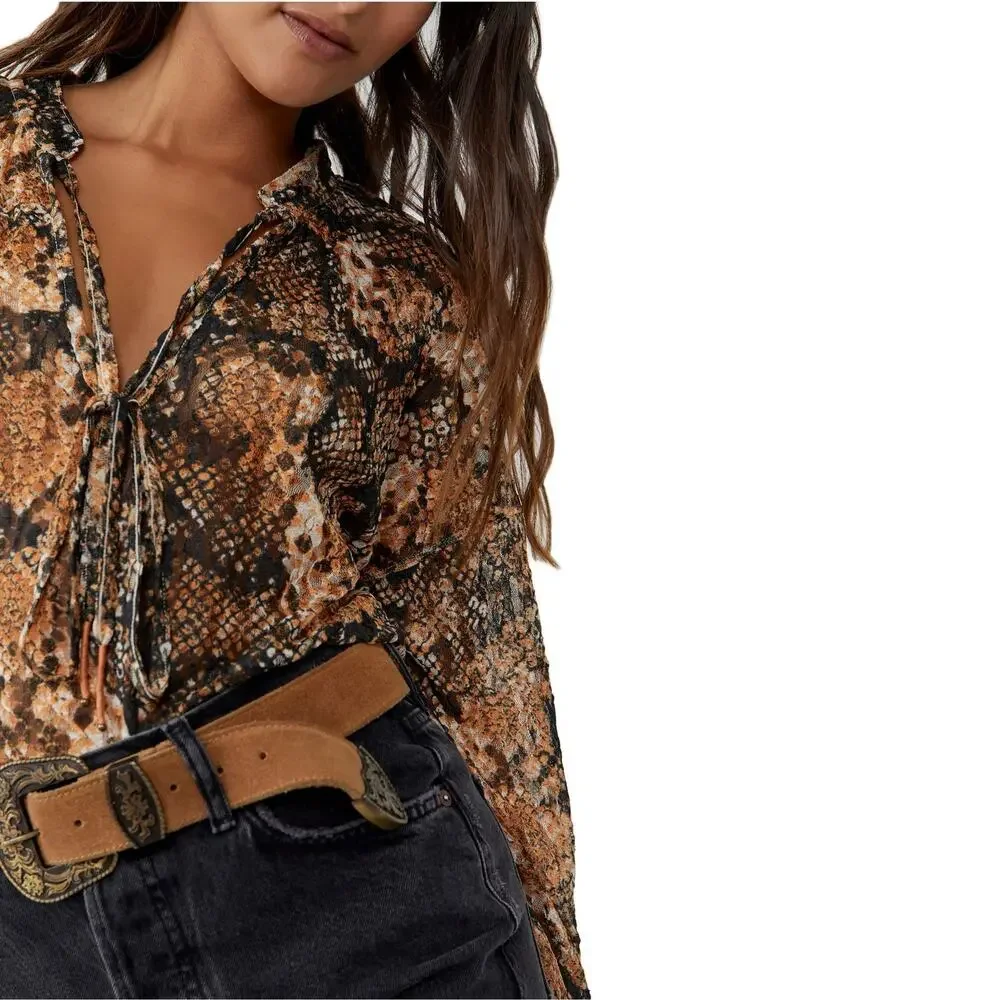 Free People Out For The Night Long Sleeve Blouse Shirt Size Small Snakeskin